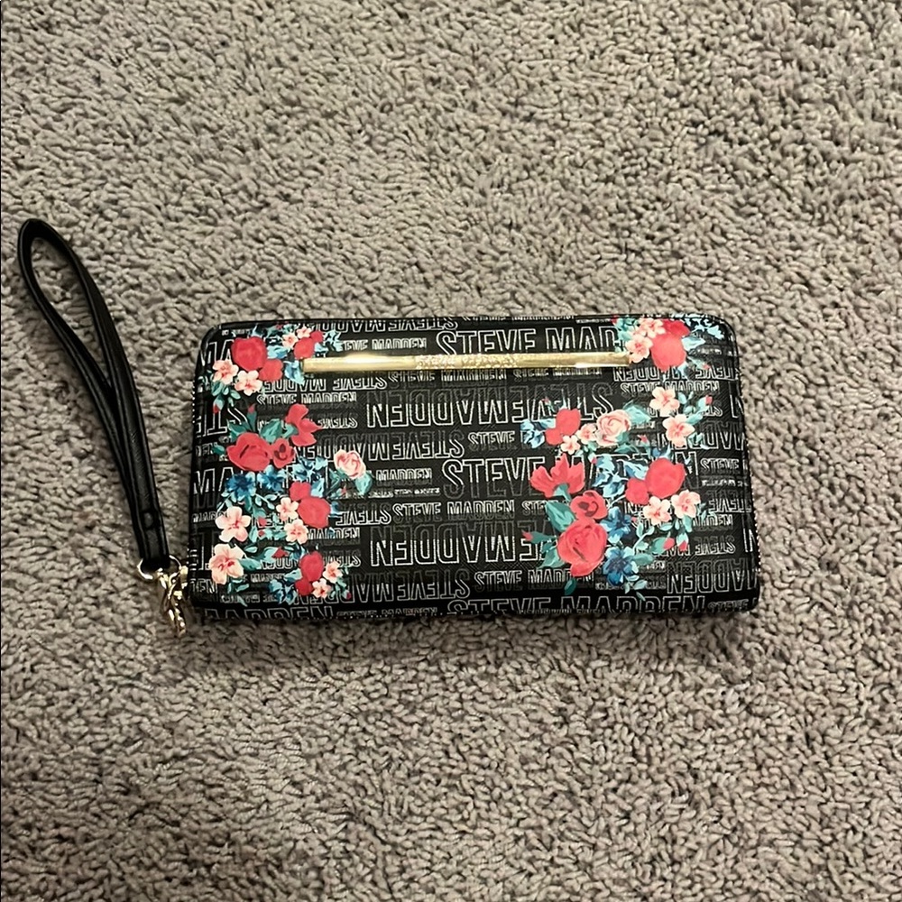 Steve Madden Black and Red Floral Wristlet